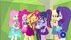 Size: 1280x720 | Tagged: safe, screencap, character:applejack, character:fluttershy, character:pinkie pie, character:rainbow dash, character:rarity, character:spike, character:spike (dog), character:sunset shimmer, character:twilight sparkle, character:twilight sparkle (scitwi), species:dog, species:eqg human, equestria girls:forgotten friendship, g4, my little pony:equestria girls, animated, camera, cap, clothing, converse, discovery family, discovery family logo, diving suit, feet, hat, humane five, humane seven, humane six, mane six, midriff, sandals, selfie, shoes, shorts, smiling, sound, sun hat, swimsuit, webm, wetsuit