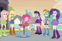 Size: 1076x718 | Tagged: safe, screencap, character:applejack, character:fluttershy, character:pinkie pie, character:rainbow dash, character:rarity, character:spike, character:twilight sparkle, character:twilight sparkle (alicorn), equestria girls:rainbow rocks, g4, my little pony:equestria girls, boots, clothing, cropped, high heel boots, humane five, humane six, musical instrument, shoes, theremin