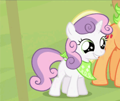 Size: 240x202 | Tagged: safe, screencap, character:apple bloom, character:applejack, character:sweetie belle, species:earth pony, species:pony, species:unicorn, episode:sisterhooves social, g4, my little pony: friendship is magic, animated, bandana, butt touch, cropped, female, filly, foal, gif, hoof on butt, mare