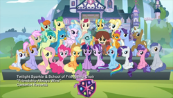 Size: 1920x1080 | Tagged: safe, screencap, character:applejack, character:auburn vision, character:berry blend, character:berry bliss, character:citrine spark, character:fire quacker, character:fluttershy, character:gallus, character:huckleberry, character:november rain, character:ocellus, character:peppermint goldylinks, character:pinkie pie, character:rainbow dash, character:rarity, character:sandbar, character:silverstream, character:slate sentiments, character:smolder, character:spike, character:starlight glimmer, character:strawberry scoop, character:sugar maple, character:summer breeze, character:summer meadow, character:twilight sparkle, character:twilight sparkle (alicorn), character:yona, species:alicorn, species:changeling, species:classical hippogriff, species:dragon, species:earth pony, species:griffon, species:hippogriff, species:pegasus, species:pony, species:reformed changeling, species:unicorn, species:yak, episode:school daze, g4, my little pony: friendship is magic, background pony, bow, clever musings, cutie mark, female, friendship always wins, friendship student, group photo, hair bow, hair bun, jewelry, male, mane seven, mane six, mare, necklace, school of friendship, stallion, student six