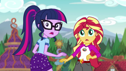 Size: 1280x720 | Tagged: safe, screencap, character:sunset shimmer, character:twilight sparkle, character:twilight sparkle (scitwi), species:eqg human, equestria girls:legend of everfree, g4, my little pony:equestria girls, ass, building, camp everfree outfits, clothing, gasp, gazebo, open mouth, shorts, twibutt