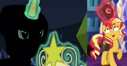 Size: 3914x2048 | Tagged: safe, screencap, character:sunset shimmer, species:pony, species:unicorn, equestria girls:equestria girls, equestria girls:mirror magic, g4, my little pony:equestria girls, animation error or intentional?, comparison, crystal empire, levitation, magic, magic glow, telekinesis, twilight's castle