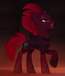 Size: 507x591 | Tagged: safe, screencap, character:tempest shadow, my little pony: the movie (2017), armor, broken horn, cropped, eye scar, open up your eyes, raised hoof, scar, singing, solo, steam