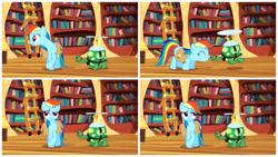 Size: 1366x768 | Tagged: safe, screencap, character:rainbow dash, character:tank, episode:just for sidekicks, g4, my little pony: friendship is magic, collage, golden oaks library, ladder, loss edit, nuzzling, tortoise