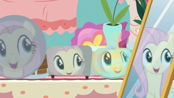 Size: 1280x720 | Tagged: safe, screencap, character:fluttershy, species:pony, episode:discordant harmony, g4, my little pony: friendship is magic, dish, mirror, reflection, solo, toaster, vase