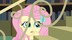 Size: 1920x1080 | Tagged: safe, screencap, character:fluttershy, episode:fluttershy's butterflies, g4, my little pony:equestria girls, biting, finger bite, scared, solo