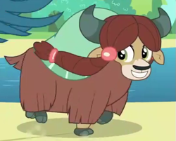 Size: 541x435 | Tagged: safe, screencap, character:gallus, character:yona, species:yak, episode:school daze, g4, my little pony: friendship is magic, cloven hooves, cropped, cute, female, pond, smiling, solo, water, yonadorable