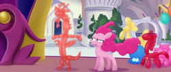 Size: 1920x804 | Tagged: safe, screencap, character:discord, character:pinkie pie, species:earth pony, species:pony, my little pony: the movie (2017), balloon, balloon animal, deflation, solo, wind blown hair