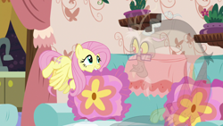 Size: 1280x720 | Tagged: safe, screencap, character:discord, character:fluttershy, species:pegasus, species:pony, episode:discordant harmony, g4, my little pony: friendship is magic, duo, fading, flying, mouth hold, pillow, transparent