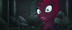 Size: 1920x804 | Tagged: safe, screencap, character:fizzlepop berrytwist, character:tempest shadow, my little pony: the movie (2017), broken horn, eye scar, le gasp, open mouth, realization, rubble, scar, solo, wide eyes