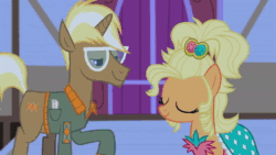 Size: 1280x720 | Tagged: safe, screencap, character:applejack, character:granny smith, character:rarity, character:trenderhoof, species:earth pony, species:pony, species:unicorn, episode:simple ways, g4, my little pony: friendship is magic, animated, applejewel, clothing, dancing, dress, sound, webm