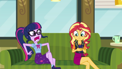 Size: 1920x1080 | Tagged: safe, screencap, character:sunset shimmer, character:twilight sparkle, character:twilight sparkle (scitwi), species:eqg human, episode:text support, g4, my little pony:equestria girls, cellphone, crossed legs, duo, female, food, freakout, geode of empathy, geode of telekinesis, glasses, legs, magical geodes, mug, phone, smartphone, tea, text support: sunset shimmer