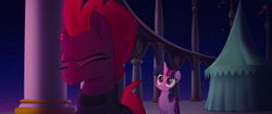 Size: 1920x804 | Tagged: safe, screencap, character:tempest shadow, character:twilight sparkle, character:twilight sparkle (alicorn), species:alicorn, species:pony, species:unicorn, my little pony: the movie (2017), broken horn, duo, eye scar, eyes closed, scar