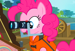 Size: 892x602 | Tagged: safe, screencap, character:pinkie pie, species:earth pony, species:pony, episode:pinkie apple pie, g4, my little pony: friendship is magic, camera, cute, diapinkes, female, mare, neat, open mouth, sitting, smiling, solo