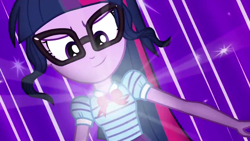 Size: 1280x720 | Tagged: safe, screencap, character:twilight sparkle, character:twilight sparkle (scitwi), species:eqg human, equestria girls:forgotten friendship, g4, my little pony:equestria girls, >:), female, geode of telekinesis, smiling, smirk, solo
