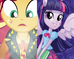 Size: 2560x2048 | Tagged: safe, screencap, character:sunset shimmer, character:twilight sparkle, equestria girls:forgotten friendship, g4, my little pony:equestria girls, alternative cutie mark placement, box art, comparison, eqg promo pose set, equestria girls plus, equestria girls prototype, facial cutie mark, female, geode of empathy, stock vector