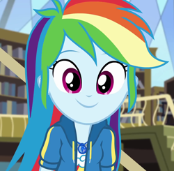 Size: 1100x1080 | Tagged: safe, screencap, character:rainbow dash, episode:fluttershy's butterflies, g4, my little pony:equestria girls, beautiful, best pony, cute, cuteness overload, dashabetes, dawwww, fluttershy's butterflies: dj pon-3, geode of super speed, happy, hnnng, library, looking at you, magical geodes, smiling, solo, weapons-grade cute
