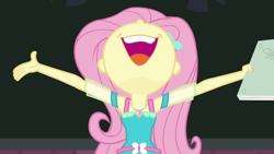 Size: 1280x720 | Tagged: safe, screencap, character:fluttershy, episode:fluttershy's butterflies, g4, my little pony:equestria girls, geode of fauna, happy, magical geodes, nose in the air, open mouth, screaming, smiling, solo, volumetric mouth, yay