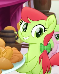 Size: 581x726 | Tagged: safe, screencap, character:carrot top, character:golden harvest, character:peachy sweet, character:red gala, species:earth pony, species:pony, my little pony: the movie (2017), apple family member, background pony, bow, cropped, female, hair bow, mare, smiling, solo focus