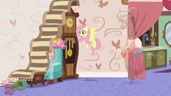 Size: 1280x720 | Tagged: safe, screencap, character:discord, character:fluttershy, species:pony, episode:discordant harmony, g4, my little pony: friendship is magic, chair, clock, fading, flying, rug, solo, transparent