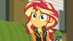 Size: 1280x720 | Tagged: safe, screencap, character:sunset shimmer, episode:text support, g4, my little pony:equestria girls, cellphone, cute, female, geode of empathy, magical geodes, phone, shimmerbetes, smartphone, solo, text support: sunset shimmer