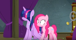 Size: 714x381 | Tagged: safe, screencap, character:pinkie pie, character:twilight sparkle, character:twilight sparkle (alicorn), species:alicorn, species:earth pony, species:pony, episode:horse play, g4, my little pony: friendship is magic, season 8, bangs, duo, frown, hair over eyes, startled, water, wet, wet mane, wide eyes, youtube link