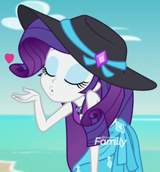 Size: 889x959 | Tagged: safe, screencap, character:rarity, equestria girls:forgotten friendship, g4, my little pony:equestria girls, beautiful, blowing a kiss, clothing, cropped, discovery family logo, eyes closed, hat, sarong, sexy, solo, sun hat, swimsuit