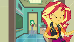Size: 1280x720 | Tagged: safe, screencap, character:sunset shimmer, character:wallflower blush, equestria girls:forgotten friendship, g4, my little pony:equestria girls, ^^, cute, discovery family logo, eyes closed, geode of empathy, shimmerbetes, smiling