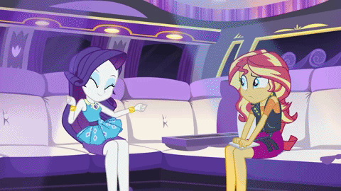 Size: 480x270 | Tagged: safe, screencap, character:rarity, character:sunset shimmer, episode:driving miss shimmer, g4, my little pony:equestria girls, animated, blinking, bracelet, confused, cute, dancing, dancity, driving miss shimmer: rarity, eyes closed, frown, headbob, jewelry, limousine, raised eyebrow, raribetes, sitting, smiling