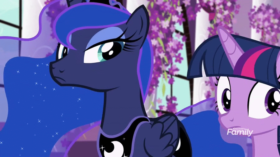 Size: 900x506 | Tagged: safe, screencap, character:princess luna, character:twilight sparkle, character:twilight sparkle (alicorn), species:alicorn, species:pony, equestria girls:forgotten friendship, g4, my little pony:equestria girls, animated, cutie mark, discovery family logo, duo, female, flower, hall, horn, jewelry, lavender, regalia, stained glass, wings