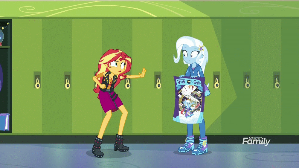 Size: 1000x562 | Tagged: safe, screencap, character:sunset shimmer, character:trixie, equestria girls:forgotten friendship, g4, my little pony:equestria girls, angry, animated, clothing, cutie mark clothes, discovery family logo, dress, duo, jacket, jewelry, joker, locker, lockers, magic, magic show, magic trick, magic wand, necklace, playing card, poster