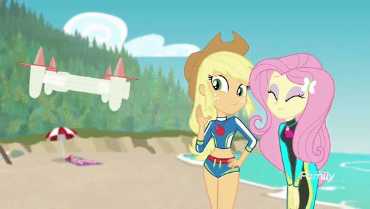 Size: 540x306 | Tagged: safe, screencap, character:applejack, character:fluttershy, character:rarity, equestria girls:forgotten friendship, g4, my little pony:equestria girls, animated, blowing a kiss, clothing, drone, selfie drone, swimsuit