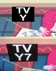 Size: 360x456 | Tagged: safe, screencap, character:pinkie pie, equestria girls:dance magic, g4, my little pony:equestria girls, change, comparison, cropped, tv rating, tv-y, tv-y7