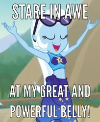 Size: 489x600 | Tagged: safe, screencap, character:trixie, equestria girls:forgotten friendship, g4, my little pony:equestria girls, beach, belly, belly button, bikini, caption, clothing, eyes closed, meme, midriff, sarong, sunglasses, swimsuit