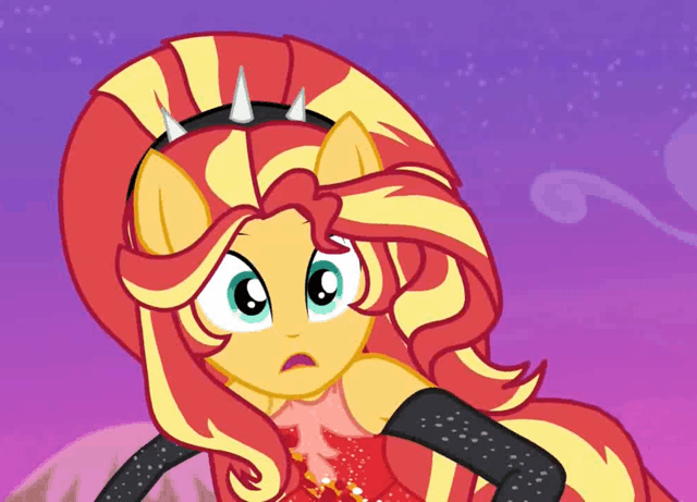 Size: 640x461 | Tagged: safe, screencap, character:sunset shimmer, equestria girls:forgotten friendship, g4, my little pony:equestria girls, animated, clothing, dress, jewelry, mountain, ponied up, sky, tiara, wind