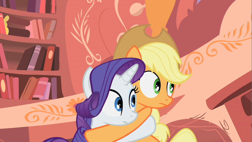 Size: 853x480 | Tagged: safe, screencap, character:applejack, character:rarity, species:earth pony, species:pony, species:unicorn, episode:look before you sleep, g4, my little pony: friendship is magic, animated, duo, duo female, female, friendshipping, gif, golden oaks library, hug, mare, shipping fuel