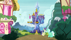 Size: 1920x1080 | Tagged: safe, screencap, character:bon bon, character:lyra heartstrings, character:sweetie drops, species:bird, episode:shadow play, g4, my little pony: friendship is magic, bush, cloud, flag, happy, hill, house, looking at each other, mountain, ponyville, raised hoof, road, scenery, smiling, twilight's castle, waterfall