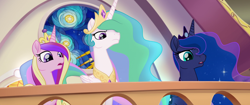 Size: 1920x804 | Tagged: safe, screencap, character:princess cadance, character:princess celestia, character:princess luna, species:alicorn, species:pony, my little pony: the movie (2017), alicorn triarchy, angry, balcony, canterlot castle, crown, ethereal mane, jewelry, regalia, stained glass, surprised, trio