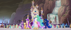 Size: 1920x804 | Tagged: safe, screencap, character:applejack, character:dawn sunrays, character:fluttershy, character:pinkie pie, character:princess cadance, character:princess celestia, character:princess luna, character:rainbow dash, character:rarity, character:spike, character:twilight sparkle, character:twilight sparkle (alicorn), species:alicorn, species:earth pony, species:pegasus, species:pony, species:unicorn, my little pony: the movie (2017), alicorn tetrarchy, angry, background pony, canterlot, canterlot castle, cornsilk, crowd, crown, determined, female, invasion, jewelry, male, mane seven, mane six, mare, regalia, scared, serious, serious face, stallion, surprised, toadstool blossom, unnamed pony, waterfall