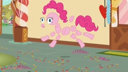Size: 1920x1080 | Tagged: safe, screencap, character:pinkie pie, episode:the one where pinkie pie knows, g4, my little pony: friendship is magic, broken, disintegration, modular, pinkie being pinkie, pinkie pieces, solo, sugarcube corner, wat