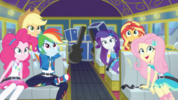 Size: 1280x720 | Tagged: safe, screencap, character:applejack, character:fluttershy, character:pinkie pie, character:rainbow dash, character:rarity, character:sunset shimmer, episode:road trippin', g4, my little pony:equestria girls, converse, humane five, implied granny smith, implied sci-twi, shoes, tour bus