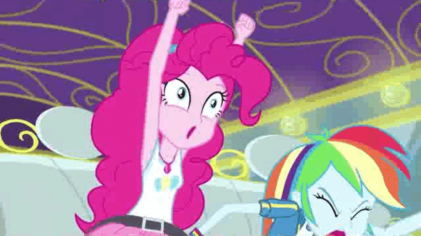 Size: 614x344 | Tagged: safe, screencap, character:pinkie pie, character:rainbow dash, episode:road trippin', g4, my little pony:equestria girls, animated, crazy face, faec, gif, party hard, pinkie being pinkie, truck, vibrating