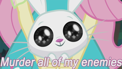 Size: 1024x576 | Tagged: safe, artist:alphamonouryuuken, screencap, character:angel bunny, character:fluttershy, episode:stressed in show, g4, my little pony:equestria girls, angelbetes, caption, cute, dissonant caption, evil, image macro, iris, stressed in show: fluttershy, text