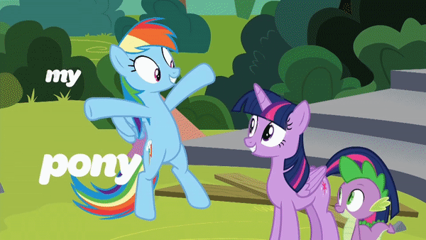 Size: 600x338 | Tagged: safe, screencap, character:rainbow dash, character:spike, character:twilight sparkle, character:twilight sparkle (alicorn), species:alicorn, species:pegasus, species:pony, episode:horse play, episode:sonic rainboom, g4, my little pony: friendship is magic, season 8, animated, blinking, cute, dashabetes, flying, one eye closed, promo, wink, youtube link