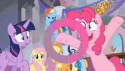 Size: 1920x1080 | Tagged: safe, screencap, character:applejack, character:fluttershy, character:mudbriar, character:pinkie pie, character:rainbow dash, character:rarity, character:spike, character:starlight glimmer, character:twilight sparkle, character:twilight sparkle (alicorn), species:alicorn, species:pegasus, species:pony, species:unicorn, episode:sonic rainboom, episode:the maud couple, g4, my little pony: friendship is magic, season 8, animated, bakery, flying, jiffy bake, one eye closed, party cannon, plot, promo, rachael ray, sound, standing up, teacher, webm