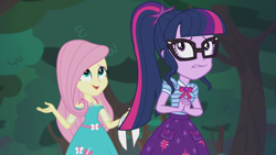Size: 2208x1242 | Tagged: safe, screencap, character:fluttershy, character:twilight sparkle, character:twilight sparkle (scitwi), species:eqg human, episode:stressed in show, g4, my little pony:equestria girls, bow tie, butterfly, clothing, cute, geode of fauna, geode of telekinesis, glasses, happy, magical geodes, open mouth, ponytail, scared, skirt, stressed in show: fluttershy, twiabetes