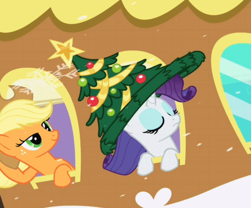Size: 489x405 | Tagged: safe, screencap, character:applejack, character:pinkie pie, character:rarity, species:earth pony, species:pony, species:unicorn, episode:hearth's warming eve, g4, my little pony: friendship is magic, animated, clothing, female, friendship express, gif, hat, mare, pinkie being pinkie, pinkie logic, train