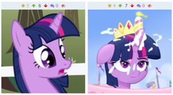 Size: 506x278 | Tagged: safe, screencap, character:twilight sparkle, character:twilight sparkle (alicorn), species:alicorn, species:pony, derpibooru, episode:the ticket master, g4, my little pony: friendship is magic, my little pony: the movie (2017), cake, candle, cropped, crown, food, frosting, jewelry, juxtaposition, meta, regalia, solo