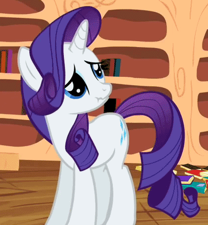 Size: 420x454 | Tagged: safe, screencap, character:rarity, species:pony, species:unicorn, episode:secret of my excess, g4, my little pony: friendship is magic, animated, blinking, female, gif, golden oaks library, looking at you, mare, scrunchy face, shifty eyes, solo