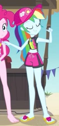 Size: 209x441 | Tagged: safe, screencap, character:rainbow dash, episode:too hot to handle, g4, my little pony:equestria girls, barefoot, bikini, cap, clothing, cropped, cute, dashabetes, feet, flip-flops, geode of super speed, hat, magical geodes, pointing, sandals, swimming trunks, swimsuit